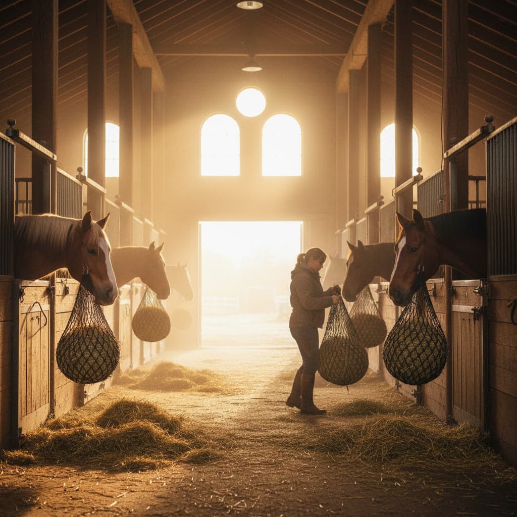 A barn aisle at feeding time